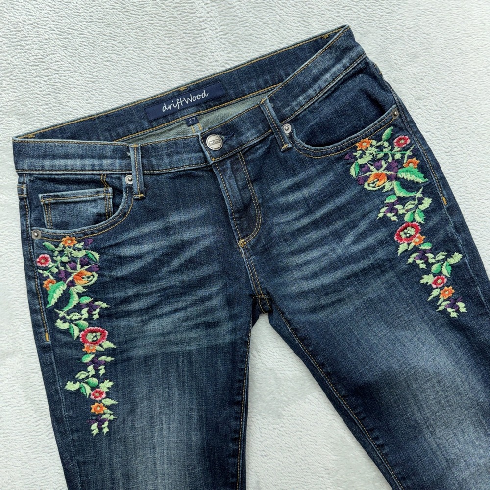 Driftwood Jeans Womens 27 Blue Floral Embroidered Skinny Denim Boho Stretch